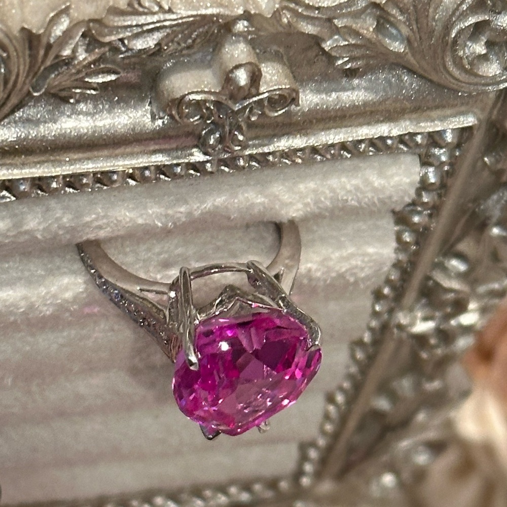 11ct Heart Pink Sapphire Ring White Gold plated over Sterling Silver - Picture 7 of 8